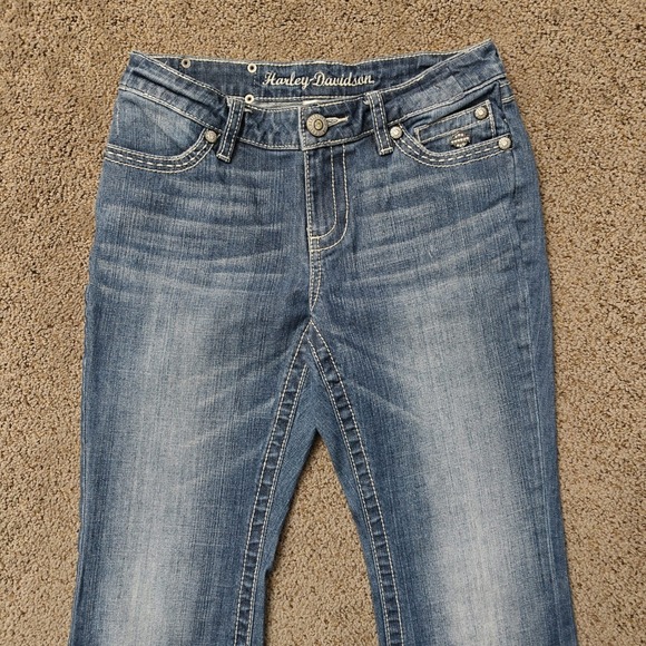 Harley Davidson Womens 6P Blue Embellished Bootcut Jeans Thick Stitch Bling - Picture 6 of 13